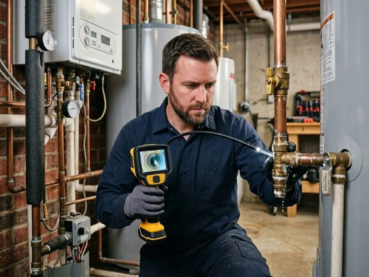 Plumber performing a diagnostic inspection before repair in San Marcos, CA
