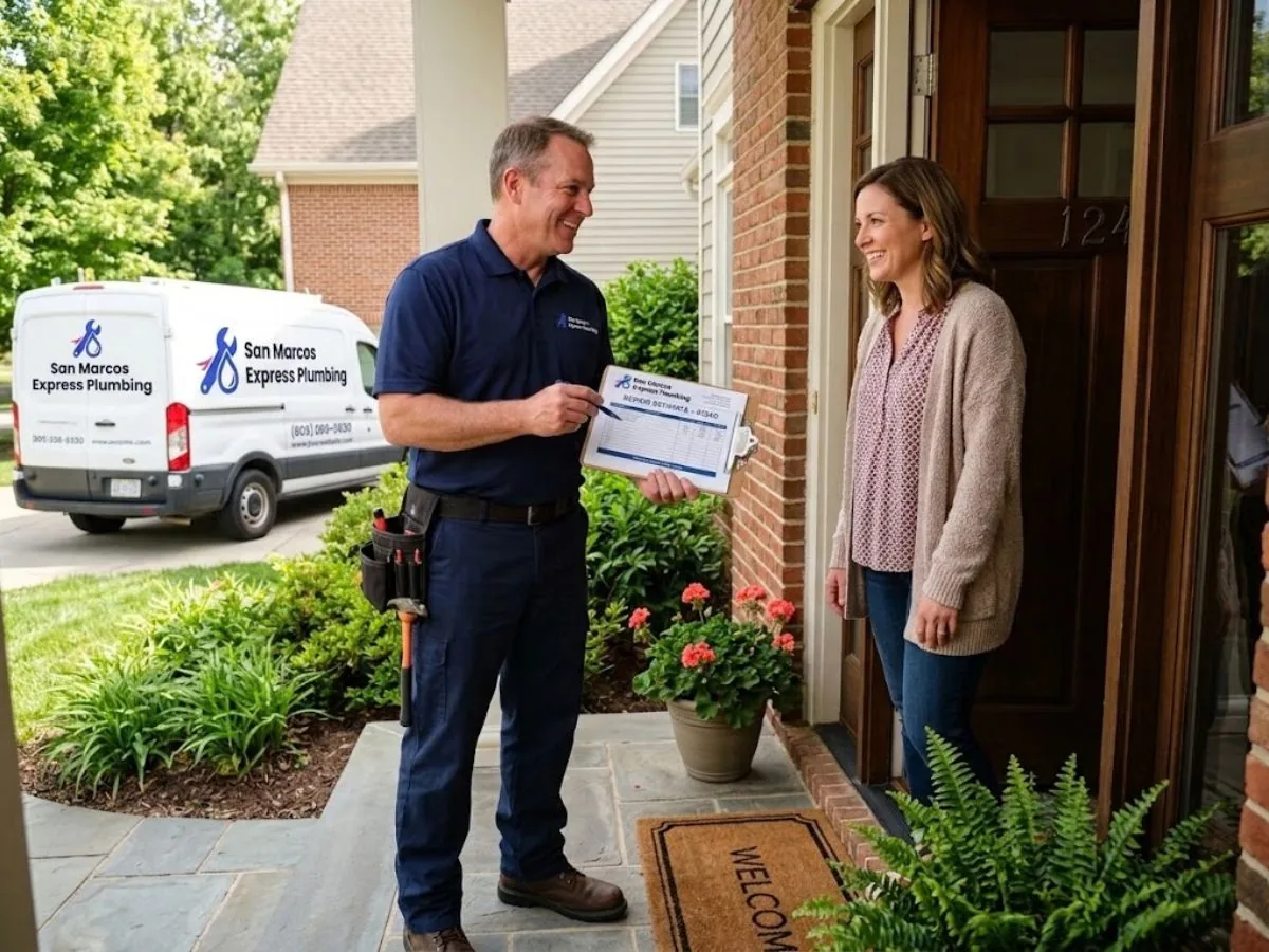 Plumber explaining a diagnosis to a San Marcos homeowner before starting work